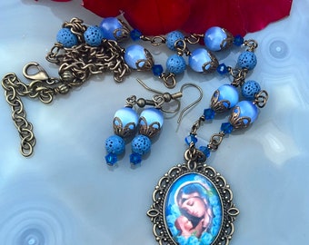 Blessed Mother Graceful Religious Pendant and Earring Set...Wire-Wrapped, Handcrafted