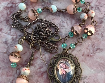 Blessed Mother Graceful Religious Pendant and Earring Set...Wire-Wrapped, Handcrafted