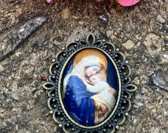 Handcrafted Beautiful Catholic Cabochon Rosary Centerpiece | Handmade Glass Cabochon | Vintage Marian Image | Bronze Connector Pendant