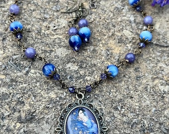 Ensemble pendentif et boucles d'oreilles religieuses gracieuses de la Vierge Marie... Fil enroulé, fait main