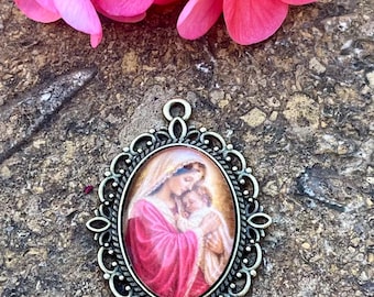 Handcrafted Beautiful Catholic Cabochon Pendant | Handmade Glass Cabochon | Vintage Marian Image | Bronze Connector Pendant