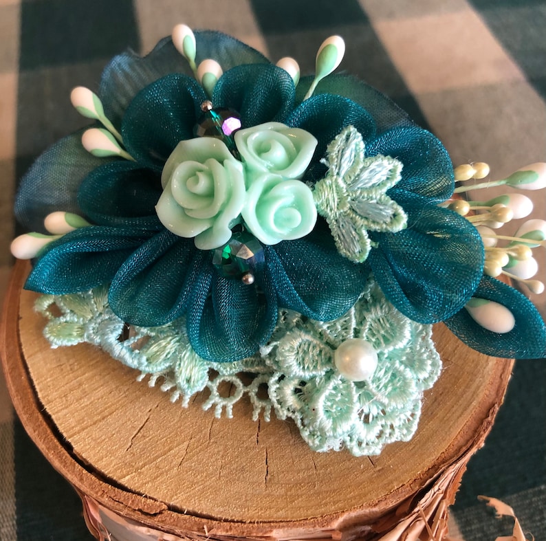 about 3 in across Shirt etc... Scarf Intricate and Classy Hand-Crafted Kanzashi Accessory Flower for Your Hair
