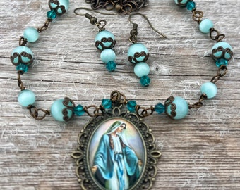 Blessed Mother Graceful Religious Pendant and Earring Set...Wire-Wrapped, Handcrafted