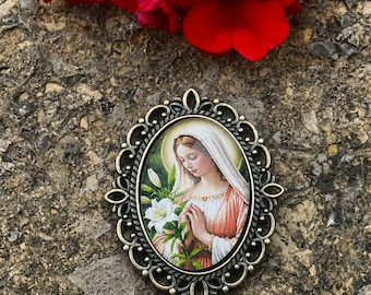 Pendentif cabochon catholique artisanal | Cabochon en verre fait main | Image mariale vintage | Pendentif connecteur en bronze