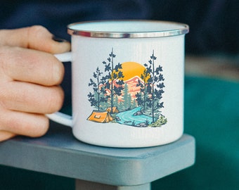 Custom Enamel Camping Mug - Personalized | Unique Outdoors Coffee Mug for Nature Lovers, Wilde Nomad, Newlyweds, Camping Mug, Tin Years