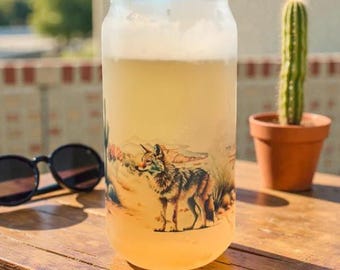 Coyote Desert Beer Can Glass - Frosted Southwestern Pint Glass, Wildlife Barware, Nature-Inspired Gift, Western Cactus Tumbler, Wilde Nomad