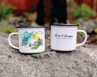 Personalized Camping Enamel Mug - Custom Outdoor Campfire Cup with Nature Design | Couples Adventure Gift