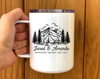 Personalized Insulated Campfire Mug w/lid- coffee mug, outdoor, adventure, Wilde Nomad, mountains, camping mug, insulated mug