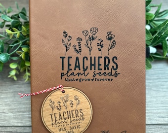 Personalized Teacher Appreciation Journal - Custom Engraved Leatherette Notebook with Inspirational Quote & Wooden Keepsake Tag Ornament