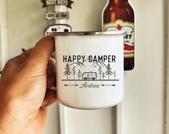 Happy Camper Campfire Mug - coffee mug, coffee, camping, outdoor, mom gift, new mom, mug, camping mug, enamelware, baby shower, Mother's Day