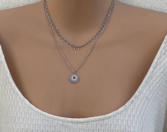 Minimalist Silver Layered Necklace,Dainty Necklace,Layer Charm Necklace, silver Pendant,Layered Necklace For Women, Choker Necklace, For Her