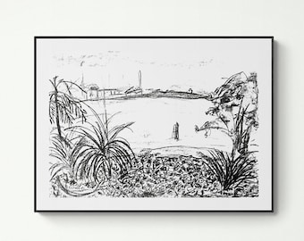 Instant download of an original Brisbane River charcoal drawing