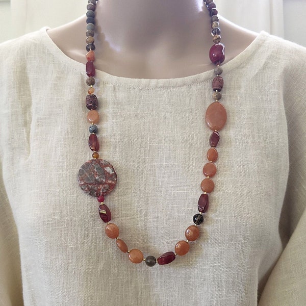 Long handmade assorted gemstone statement necklace in earthy colours