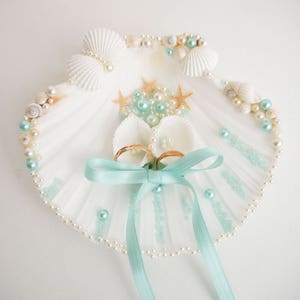 Porta-anello di conchiglia - Matrimonio sulla spiaggia di acqua menta - Portatore di anelli di stelle marine - Cuscino di anelli di conchiglie di mare - Portatore di anelli di nozze di mare - Stella marina di nozze