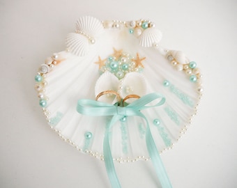 Seashell Ring Holder - Aqua mint Beach Wedding - Starfish Ring Bearer - Sea Shell Ring Pillow - Sea Wedding Ring Bearer - Wedding starfish