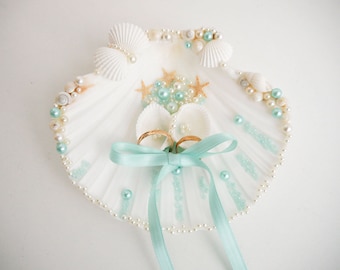 Seashell Ring Holder - Aqua Blue Beach Wedding - Starfish Ring Bearer - Sea Shell Ring Pillow - Sea Wedding Ring Bearer - Wedding starfish