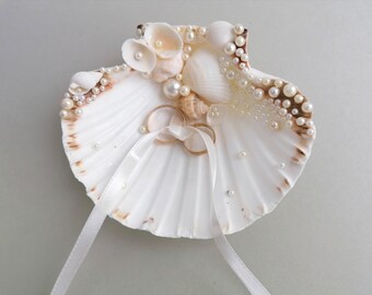 Elegancia junto al mar: Soporte de anillo SeaShell para bodas en la playa - Portador de anillo de concha de mar - Almohada de anillo náutico - Exhibición de anillo de boda - Ceremonia