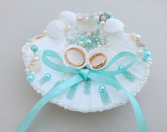 Sea Shell Ring Pillow, Aqua blauw, Turquoise bruiloft, Shell ring houder, trouwring houder, Sea shell Ring aan toonder, zee bruiloft, ring aan toonder