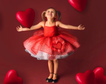 Girls Valentines Day Dress, Red Love Day Dress, Valentines Day Outfit, Red Heart Dress, Red Pageant Dress