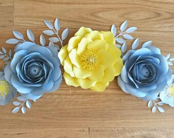 Nursery decor - Luxury paper flowers in yellow and grey - large Paper flower set -Boho Nursery decorations - Yellow and silver paper flowers