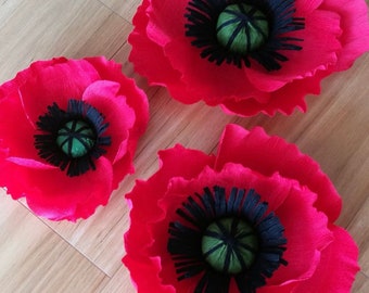 Anzac Day poppies - Red crepe paper poppy flower - Holiday home decor -Large paper flower backdrop