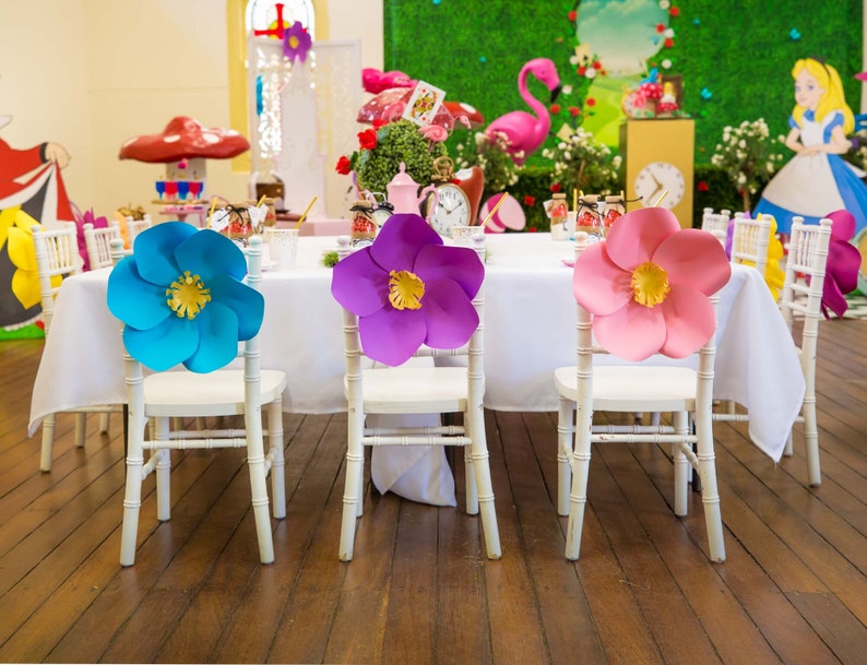 Set Of 10 Rainbow Paper Flowers Alice In Wonderland Party Decor Chair Decor Paper Flowers