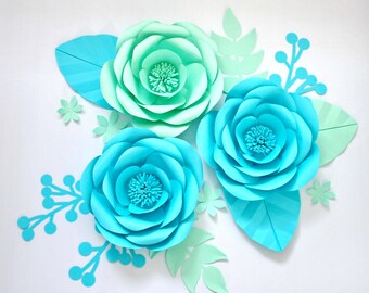 Set of flowers for baby girl nursery- large Paper flower set - Mint and Turquoise Nursery decorations - photo booth decor