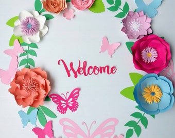 Front door flower themed party decor - Butterfly themed party decor - paper flowers and butterflies - Welcome sign decor