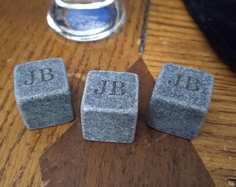 Whiskey Stones, Set of 3 with Pouch - Personalized, Engraved, Laser Etched - Monogram, Initials