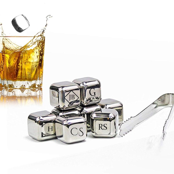 Whiskey Stones, Stainless Steel - Set of 3 with Pouch - 4 Designs to Choose From - Personalized, Engraved, Laser Etched - Monogram, Initials