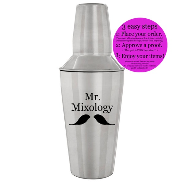 Drink Mixer, Stainless Steel Cocktail Shaker - Personalized with Name, Monogram, Inscription or Logo - Laser Engraved, Etched, Custom