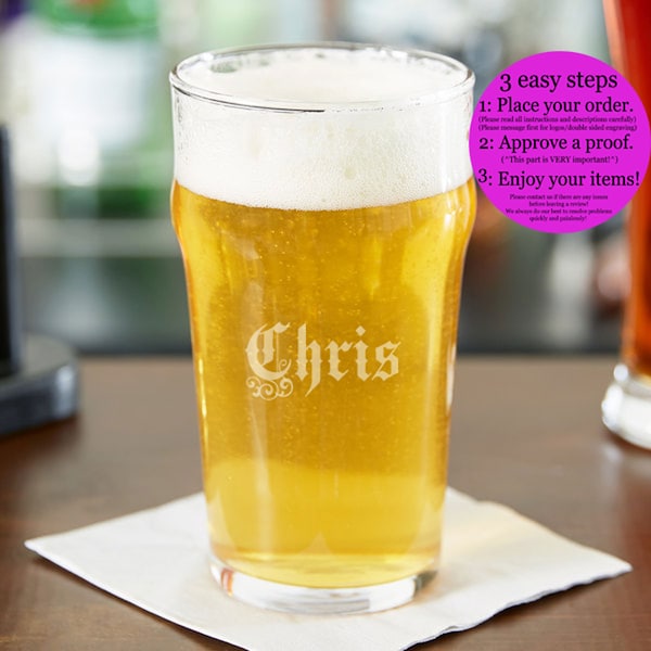 Nonic English Pub Glass, 20 oz. -  Personalized, Engraved, Laser Etched - Monogram, Initials, or Inscription