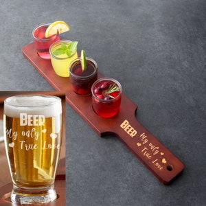 Flight Paddle with 4 Glasses - Wood with Mahogany Finish, Choice of Glass Style - Name, Inscription, or Logo