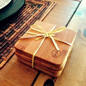 Bamboo Coasters, Set of 6 with Holder -  Personalized, Engraved, Laser Etched - Monogram, Initials, Inscription, or Logo