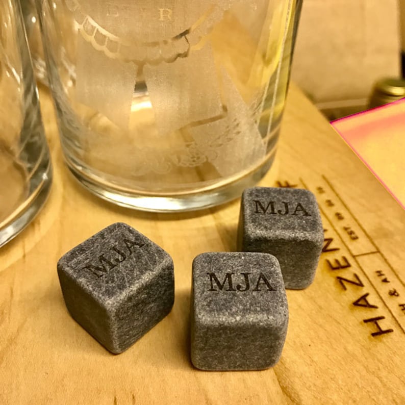 Whiskey Stones, Set of 3 with Pouch Personalized, Engraved, Laser Etched Monogram, Initials image 4