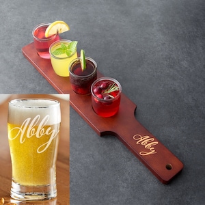 Flight Paddle with 4 Glasses - Wood with Mahogany Finish, Choice of Glass Style - Name, Inscription, or Logo
