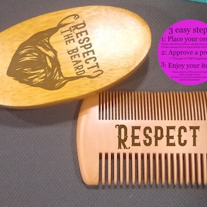 Beard Brush and Comb Set, Personalized - Beard Care Set, Boar Bristle Brush and Wood Comb - Engraved with Name, Initials, or Inscription