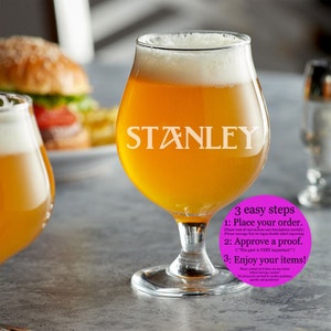 Craft Beer Glass, 16 oz Belgian Tulip - Personalized, Engraved, Laser Etched - Monogram, Initials, or Inscription