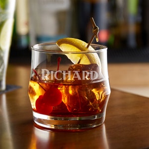 Rocks Whiskey Glass, Saloon Style &quot;Double&quot; (12 oz) -  Personalized, Engraved, Laser Etched - Monogram, Initials, or Inscription