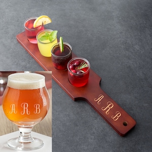 Flight Paddle with 4 Glasses - Wood with Mahogany Finish, Choice of Glass Style - Name, Inscription, or Logo