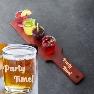 Flight Paddle with 4 Glasses - Wood with Mahogany Finish, Choice of Glass Style - Name, Inscription, or Logo