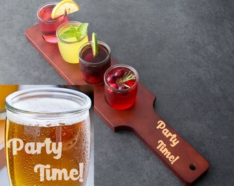 Flight Paddle with 4 Glasses - Wood with Mahogany Finish, Choice of Glass Style - Name, Inscription, or Logo