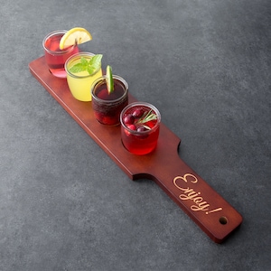 Beer Flight with 4 Glasses - Wood with Mahogany Finish, Choice of Glass Style - Name, Inscription, or Logo
