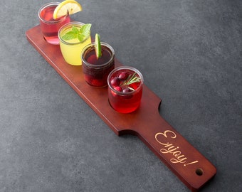 Flight Paddle with 4 Glasses - Wood with Mahogany Finish, Choice of Glass Style - Name, Inscription, or Logo