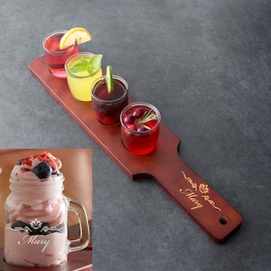 Flight Paddle with 4 Glasses - Wood with Mahogany Finish, Choice of Glass Style - Name, Inscription, or Logo