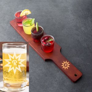 Flight Paddle with 4 Glasses - Wood with Mahogany Finish, Choice of Glass Style - Name, Inscription, or Logo
