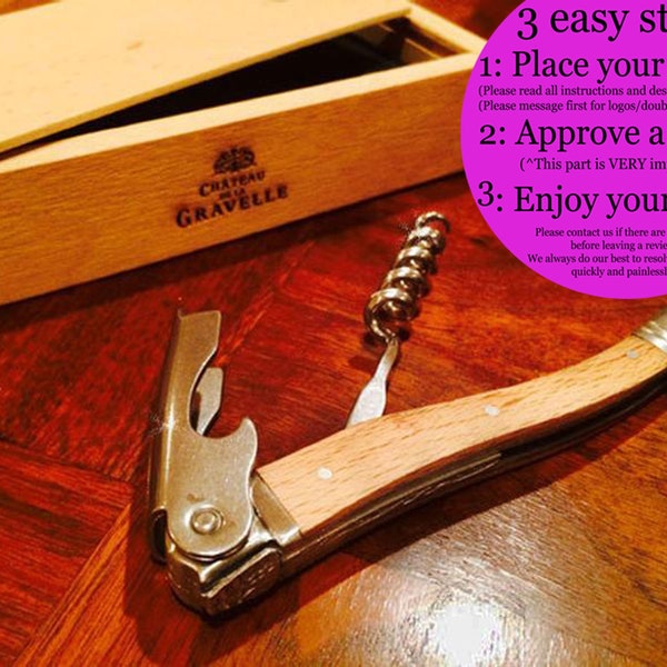 Corkscrew w/ Beechwood Handle and Giftbox, Laguiole  - Personalized, Laser Engraved - Monogram, Initials, or Name