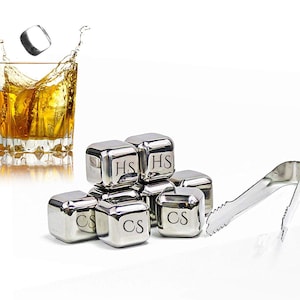 Whiskey Stones, Stainless Steel Set of 3 with Pouch Personalized, Engraved, Laser Etched Monogram, Initials image 1