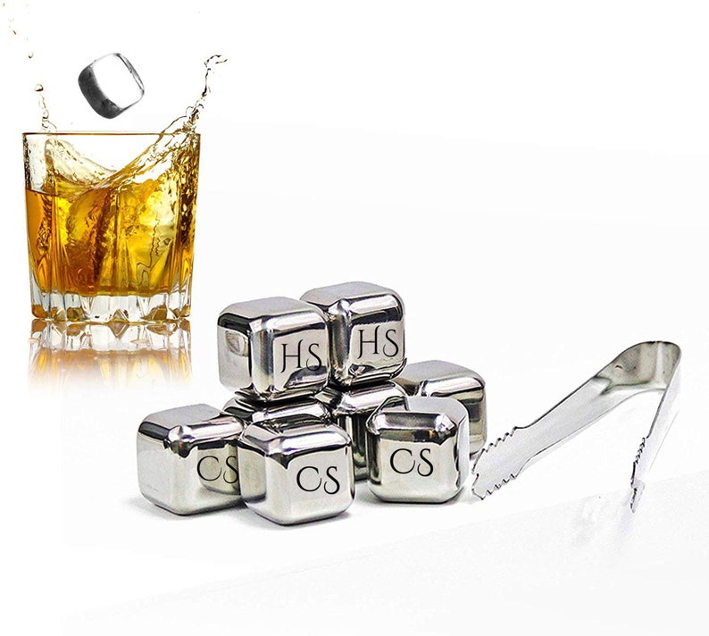 Whiskey Stones, Stainless Steel Set of 3 with Pouch Personalized, Engraved, Laser Etched Monogram, Initials image 1