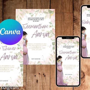 Indian Baby Shower Invitation, Pink Sreemantham Digital Template, Editable Seemantham Invite, Valaikappu Godh Bharai Card